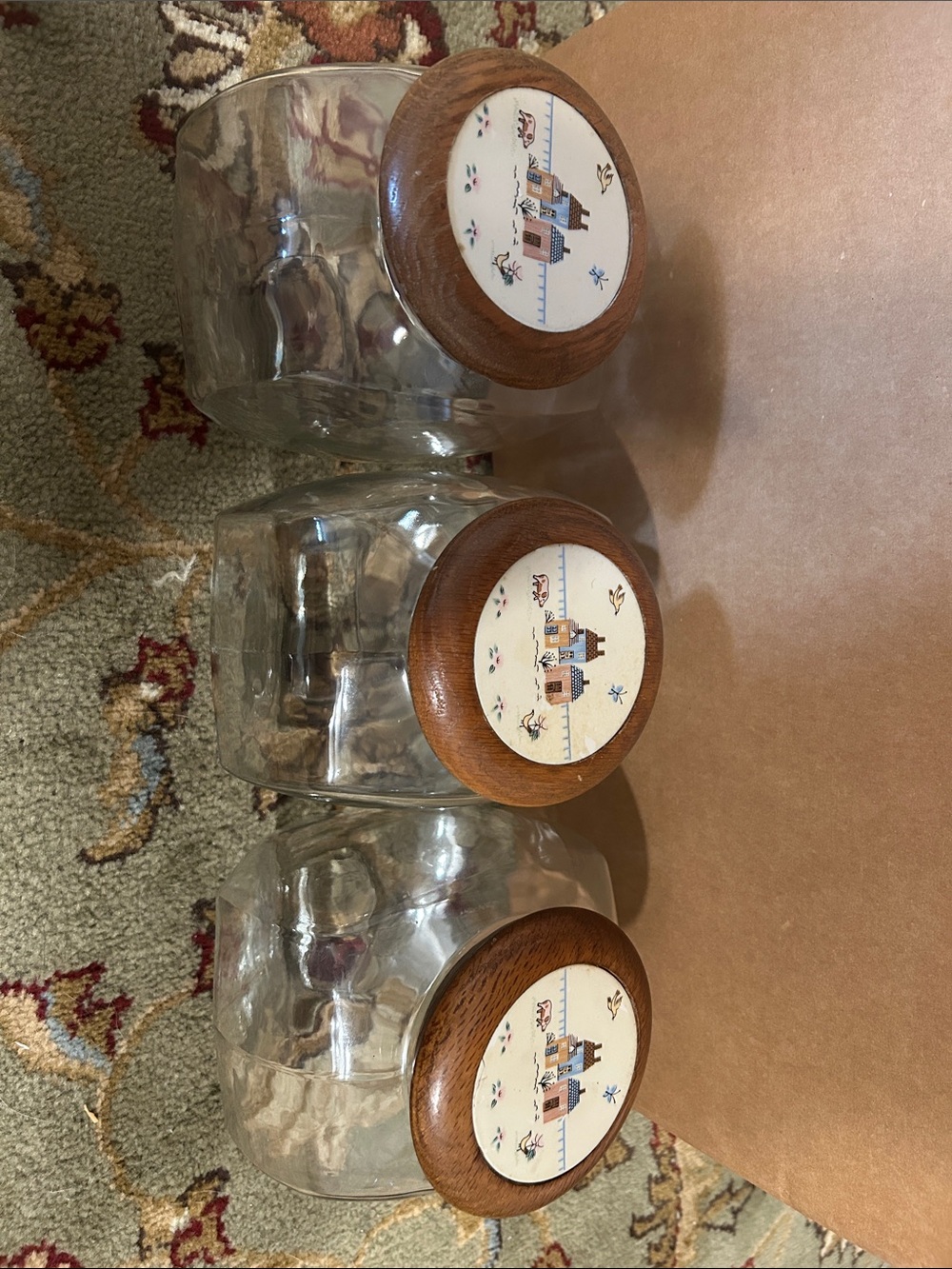 Heartland Wood-Top Glass Storage Jars with Decorative Ceramic Insets - Set of 3